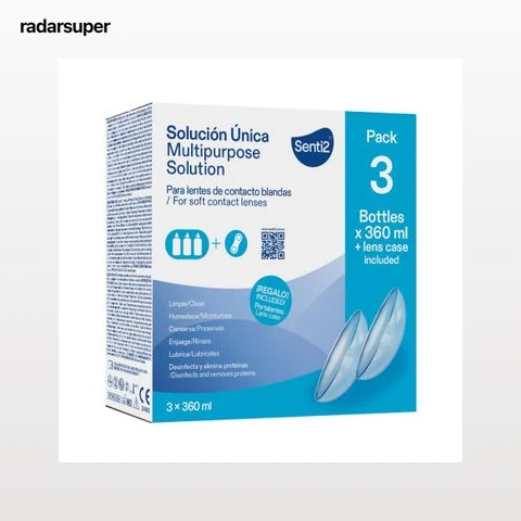 Solución única para lentes de contacto blandas + portalentes Senti2 3 unidades 360 ml.