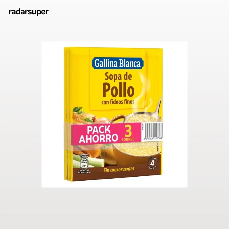 Sopa de pollo con fideos Gallina Blanca pack de 3 unidades de 72 g.