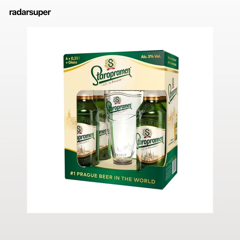 STAROPRAMEN Pack de cerveza rubia pilsner checa 4 botellas de 33 centilitros + vaso