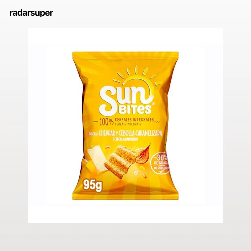 SUNBITES Snacks ondulados multicereales, con sabor queso cheddar y cebolla caramelizada 95 g.