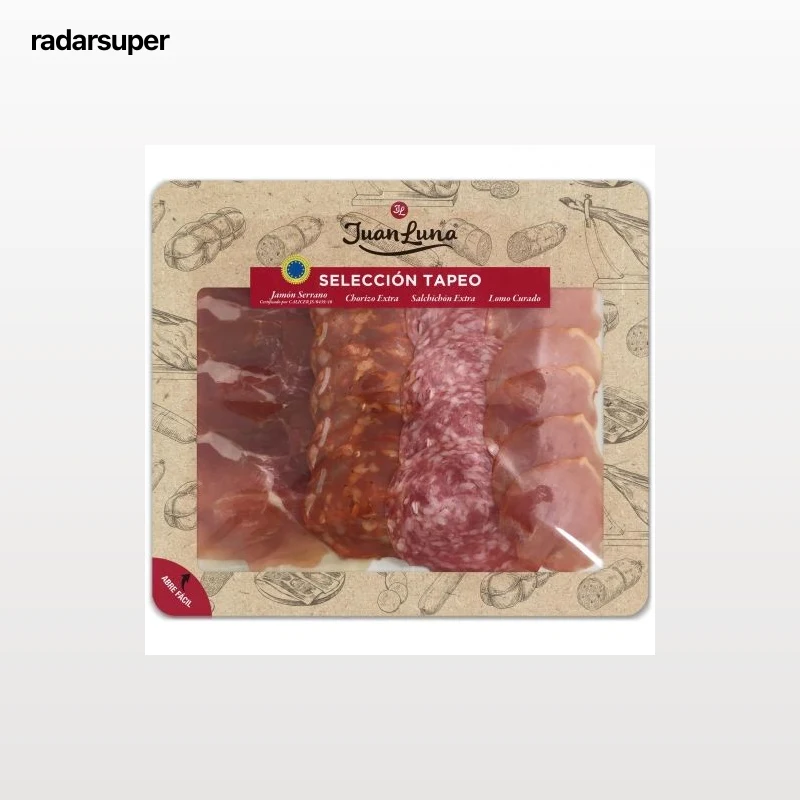 Surtido de embutidos: jamón serrano, chorizo extra, salchichón extra y lomo curado Juan Luna 120 g.