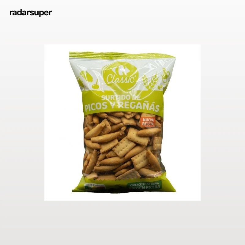 Surtido de picos y regañás con aceite de oliva virgen extra Classic Carrefour 450 g.