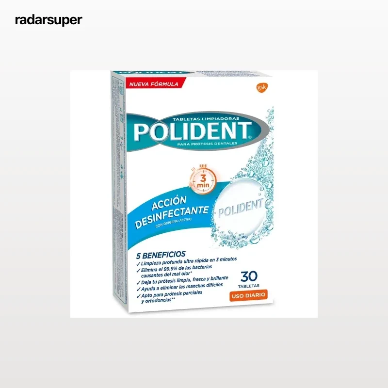Tabletas limpiadoras para prótesis dentales acción desinfectante con oxígeno activo Polident 30 ud.