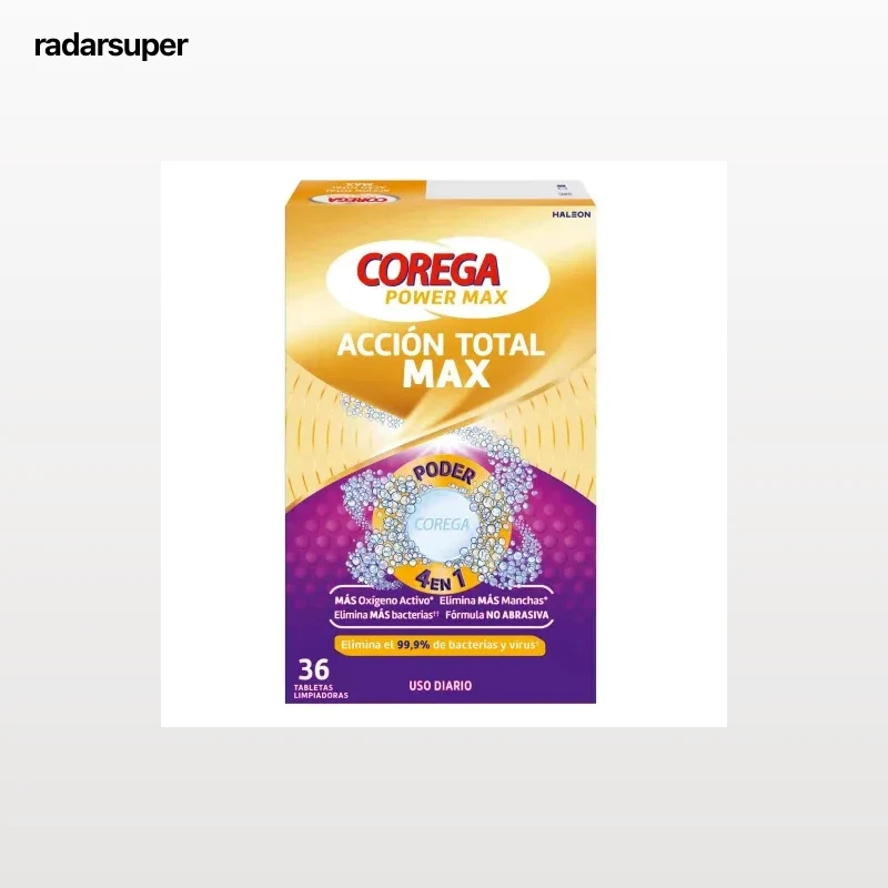 Tabletas limpiadoras para prótesis dentales, férulas dentales y ortodoncia Acción Total Corega 36 ud.