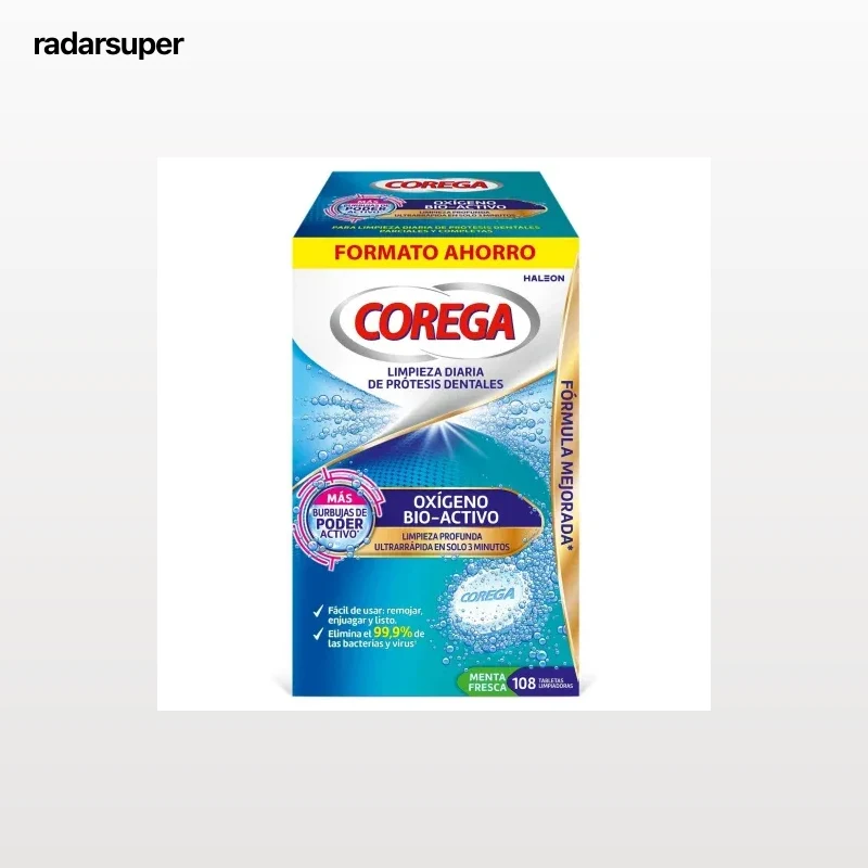 Tabletas limpiadoras para prótesis dentales menta fresca Oxígeno Bio-Activo Corega 108 ud.