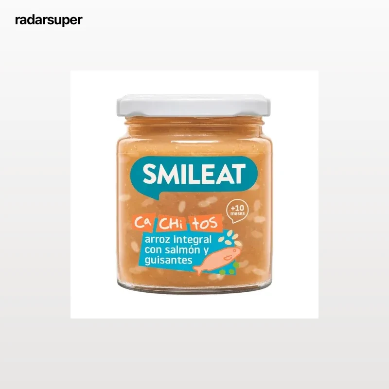 Tarrito con cachitos de arroz con salmón y guisantes desde 10 meses ecológico Smileat sin gluten 230 g.