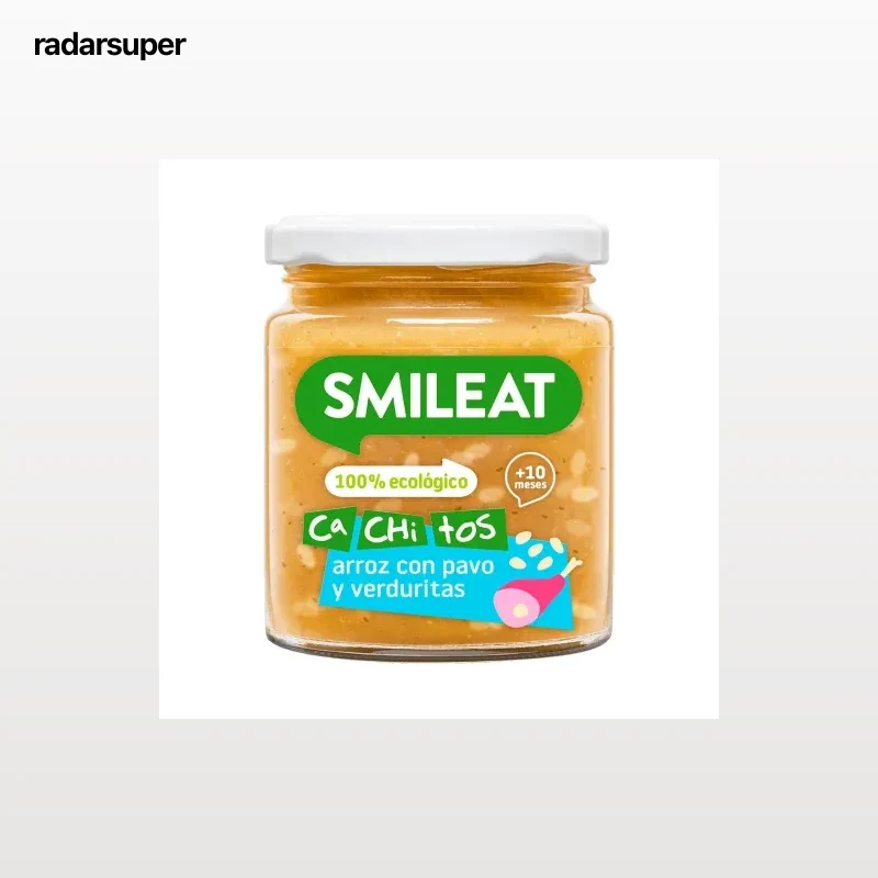 Tarrito de arroz con pavo y verduritas desde 10 meses ecológico Cachitos Smileat sin gluten 230 g.