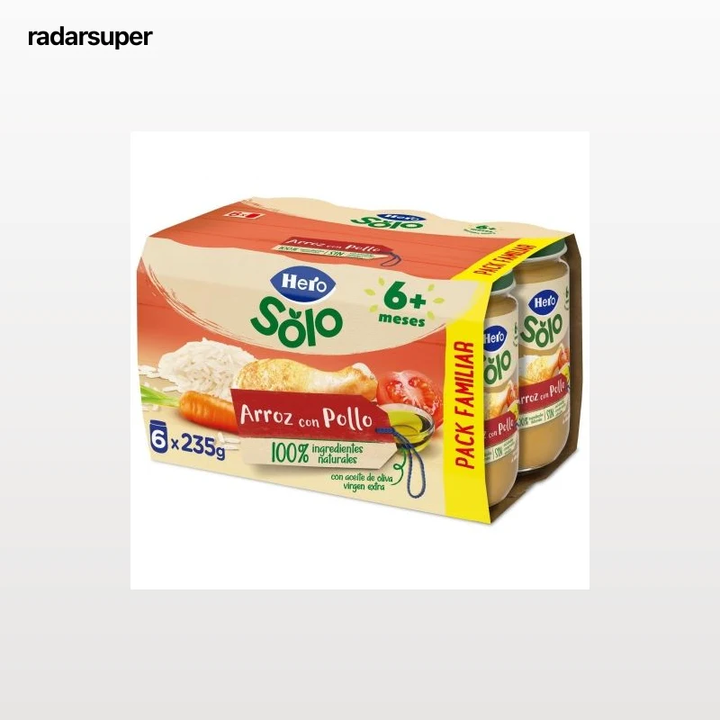 Tarrito de arroz con pollo desde 6 meses Hero Solo sin gluten pack de 6 unidades de 235 g.