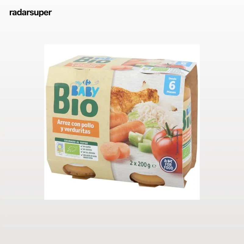 Tarrito de arroz con pollo y verduritas desde 6 meses ecológico My Carrefour Baby Bio sin gluten pack de 2 unidades de 200 g