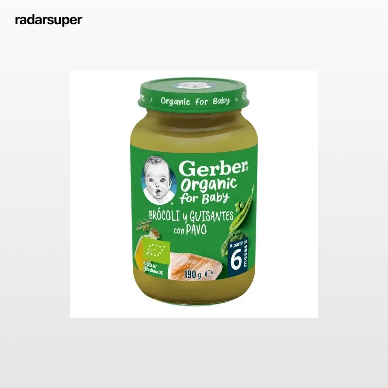 Tarrito de brócoli y guisantes con pavo desde 6 meses ecológico Gerber sin gluten 190 g.