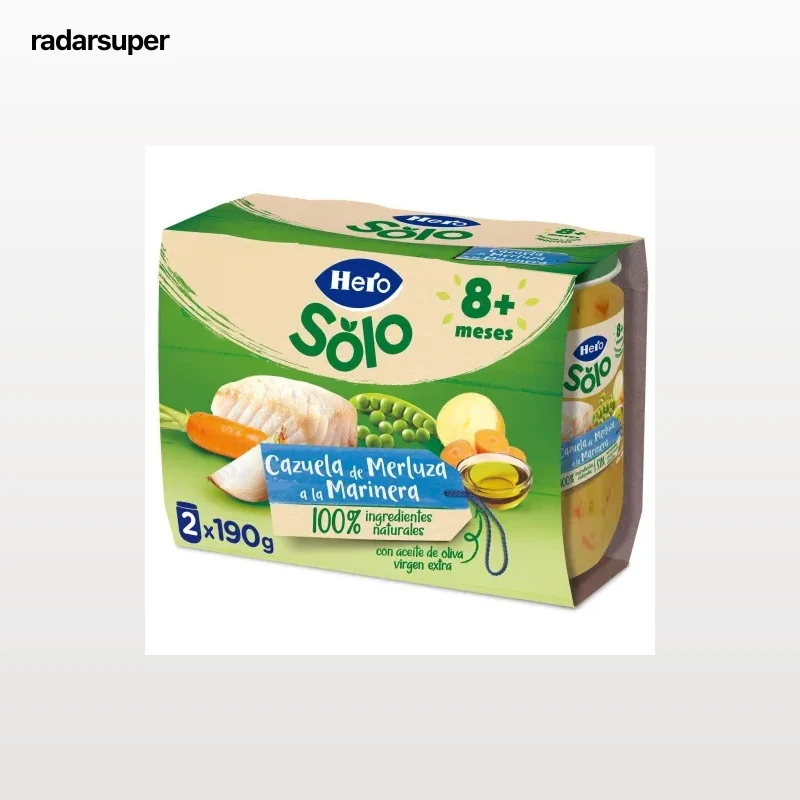 Tarrito de cazuela de merluza a la marinera desde 8 meses Hero Baby sin gluten pack de 2 unidades de 190 g.