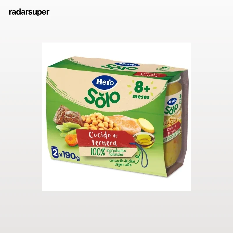 Tarrito de cocido de ternera desde 8 meses Hero Baby sin gluten pack de 2 unidades 190 g.