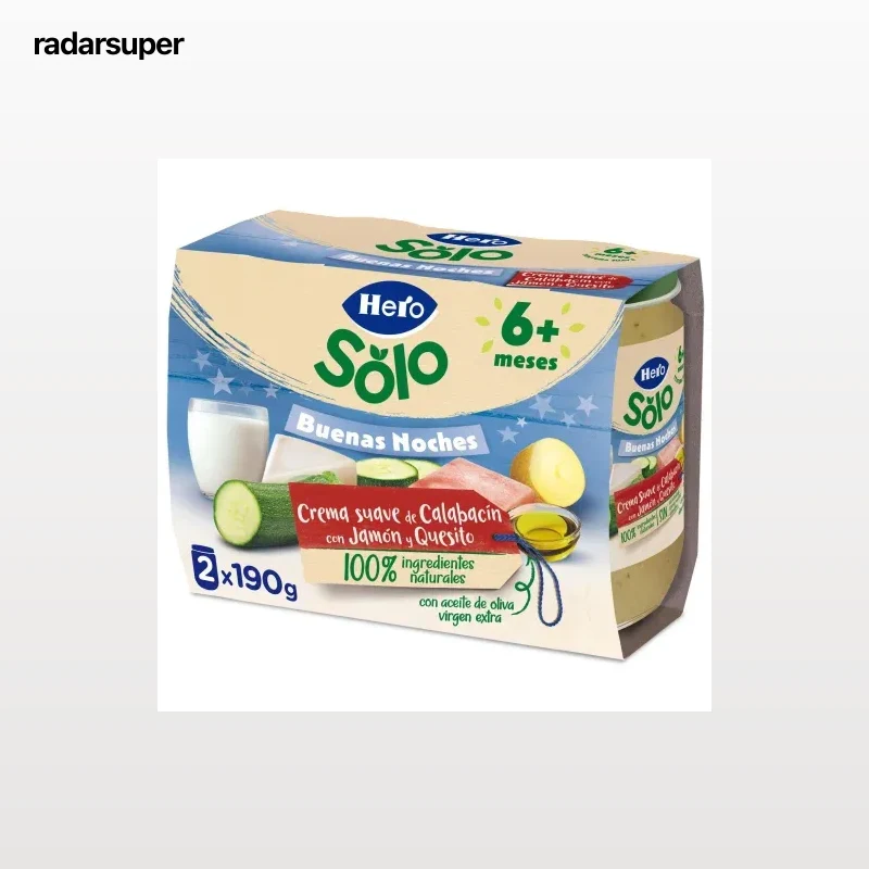Tarrito de crema suave de calabacín con jamón y quesito desde 6 meses Hero Baby sin gluten pack de 2 unidades de 190 g.
