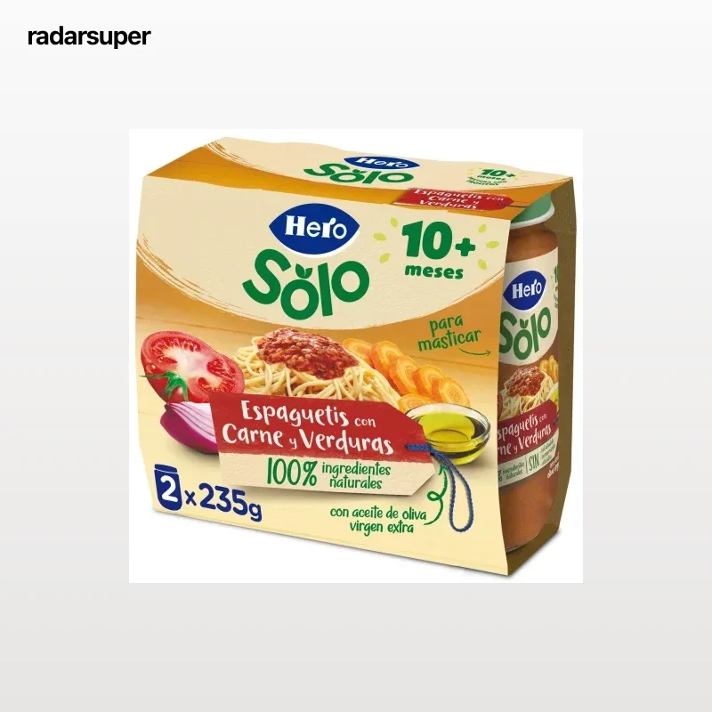 Tarrito de espaguetis con carne y verduras desde 10 meses Hero Baby pack de 2 unidades de 235 g.