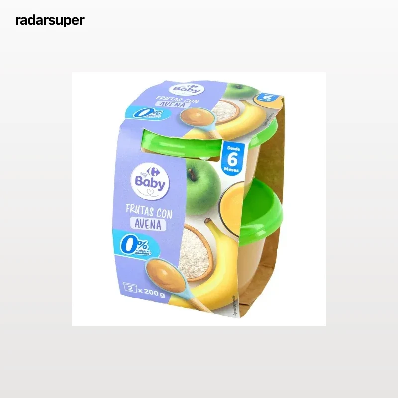 Tarrito de frutas con avena desde 6 meses Carrefour my Baby sin gluten y sin azúcar añadido pack de 2 unidades de 200 g.