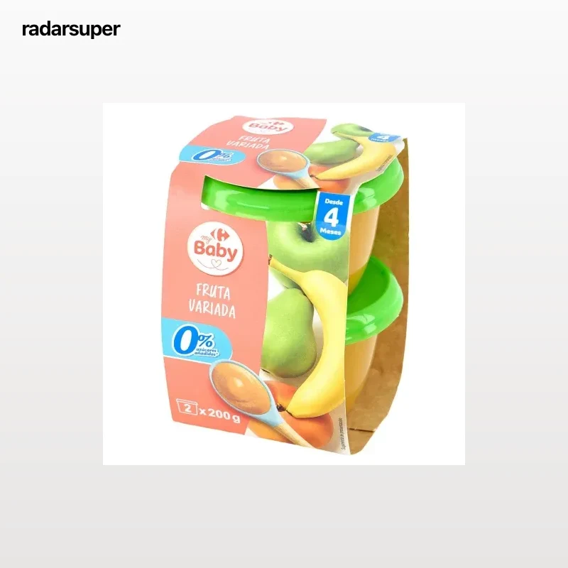 Tarrito de frutas variadas desde 4 meses Carrefour my Baby sin azúcar añadido pack de 2 unidades de 200 g.