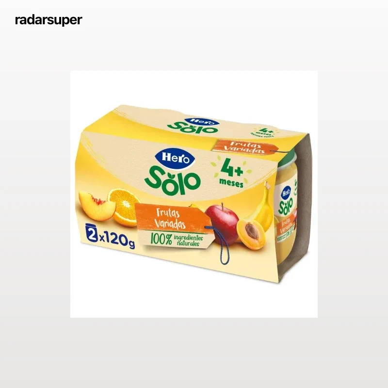 Tarrito de frutas variadas desde 4 meses Hero Baby sin gluten pack de 2 unidades de 120 g.