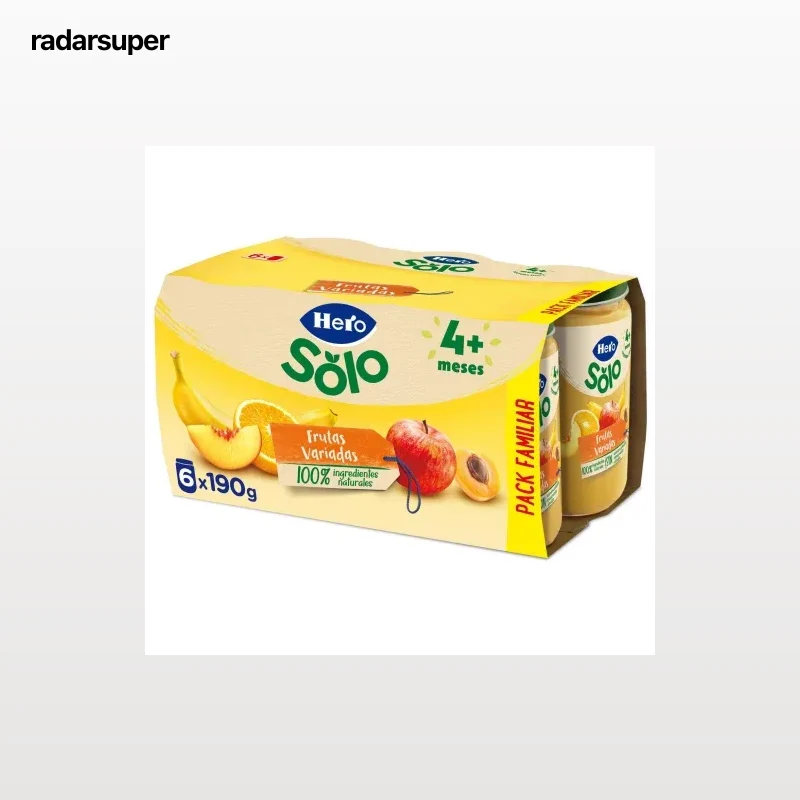 Tarrito de frutas variadas desde 4 meses Hero Baby sin gluten pack de 6 unidades de 190 g.