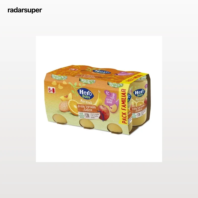 Tarrito de frutas variadas y galleta desde 6 meses Hero Baby Merienda sin aceite de palma pack de 6 unidades de 190 g.