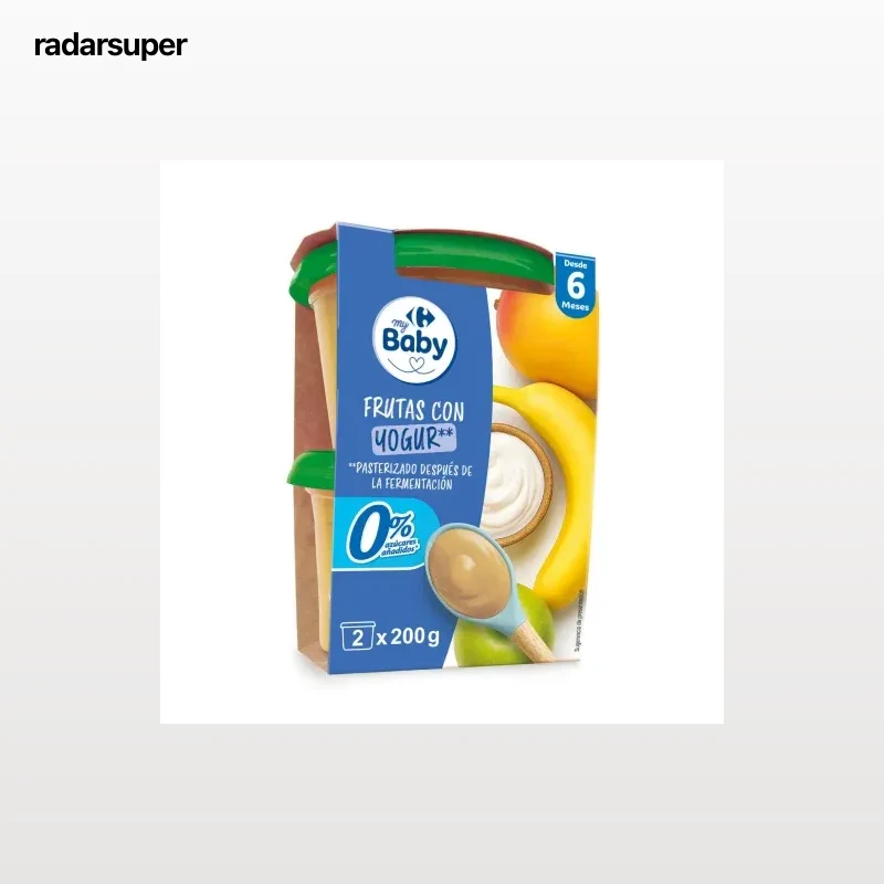 Tarrito de frutas y yogur desde 6 meses ecológico My Carrefour Baby sin azúcar añadido pack 2 unidades 200 g.