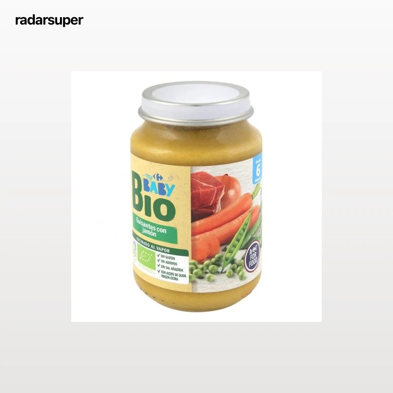 Tarrito de guisantes con jamón desde 6 meses ecológico My Carrefour Baby Bio sin gluten 200 g