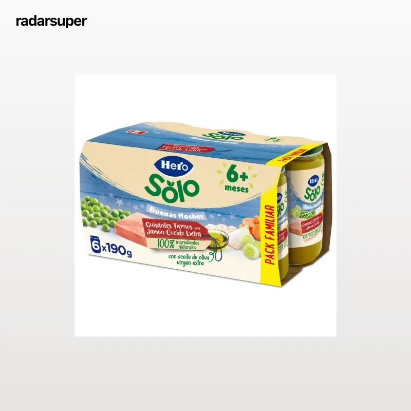 Tarrito de guisantes tiernos con jamón cocido extra desde 6 meses Hero Solo sin gluten pack de 6 unidades de 190 g.