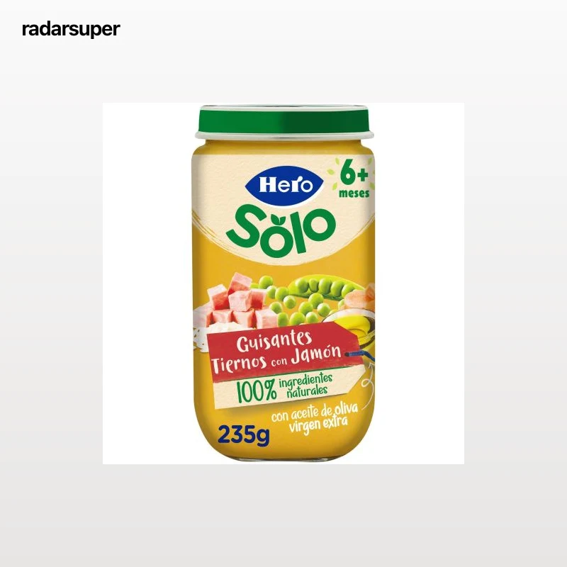 Tarrito de guisantes tiernos con jamón desde 6 meses Hero Solo sin gluten 235 g.