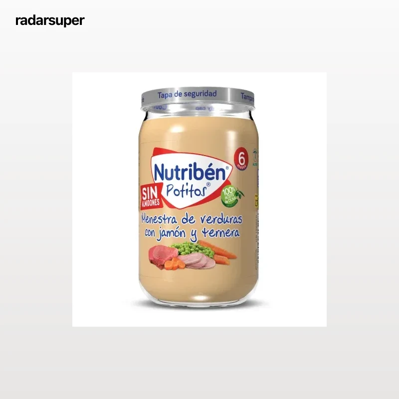 Tarrito de jamón y ternera con menestra de verduras desde 6 meses Nutribén Potitos sin gluten 235 g.