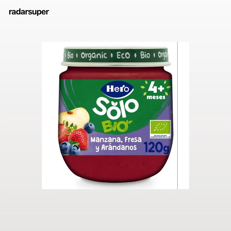 Tarrito de manzana, fresa y arándanos desde 4 meses ecológico Hero Solo sin gluten 120 g.