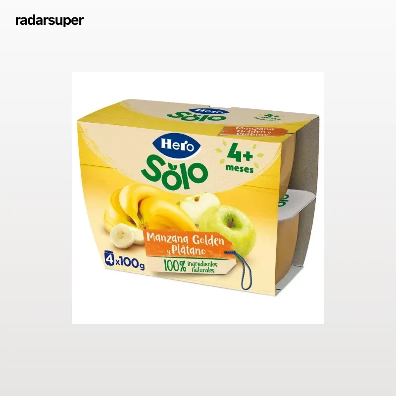 Tarrito de manzana golden y plátano 4 meses Hero Solo sin gluten pack 4 unidades 100 g.