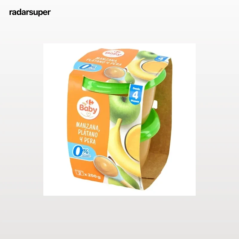 Tarrito de manzana, plátano y pera desde 4 meses Carrefour my Baby sin azúcar añadido pack de 2 unidades de 200 g.