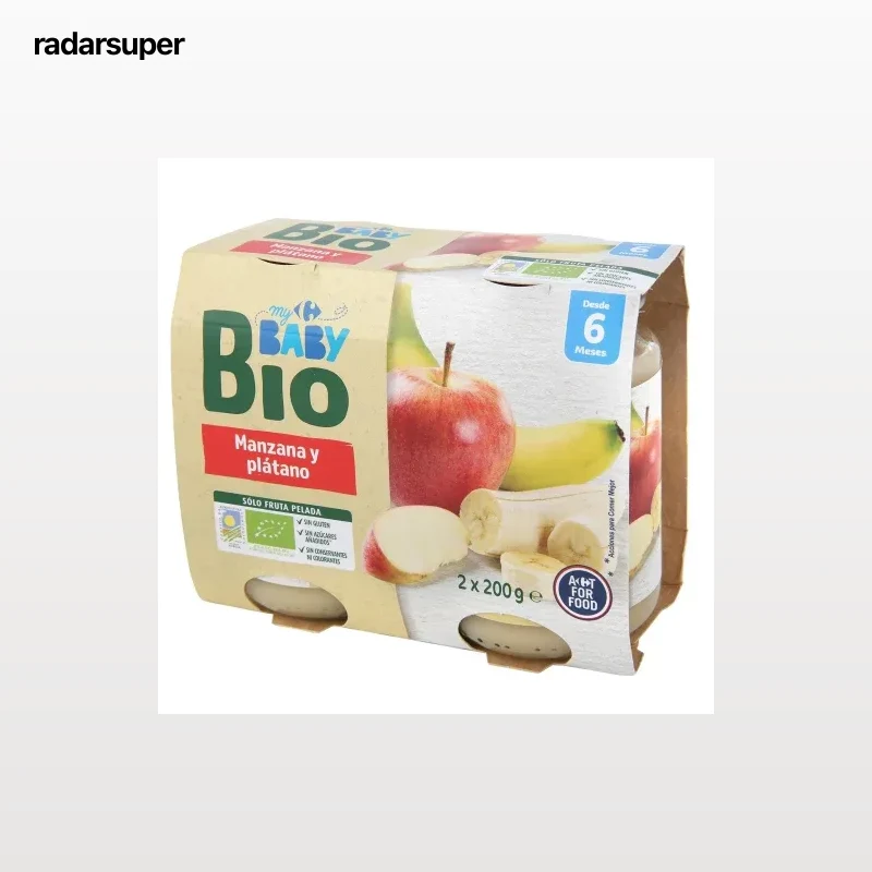 Tarrito de manzana y plátano desde 6 meses ecológico My Carrefour Baby Bio sin gluten y sin azúcar añadido pack de 2 unidades de 200 g.