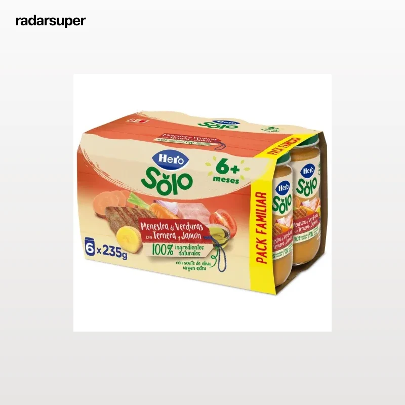Tarrito de menestra de verduras ternera y jamón desde 6 meses Hero Baby sin gluten pack de 6 unidades de 235 g.