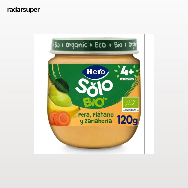 Tarrito de pera, plátano y zanahoria desde 4 meses ecológico Hero Solo sin gluten 120 g.