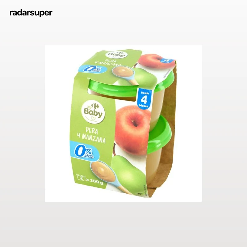 Tarrito de pera y manzana desde 4 meses Carrefour my Baby sin azúcar añadido pack de 2 unidades de 200 g.