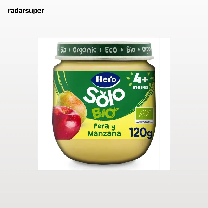 Tarrito de pera y manzana desde 4 meses ecológico Hero Solo sin gluten 120 g.