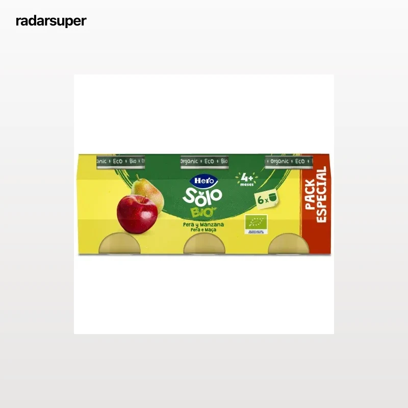 Tarrito de pera y manzana desde 4 meses ecológico Hero Solo sin gluten pack de 6 unidades de 120 g.