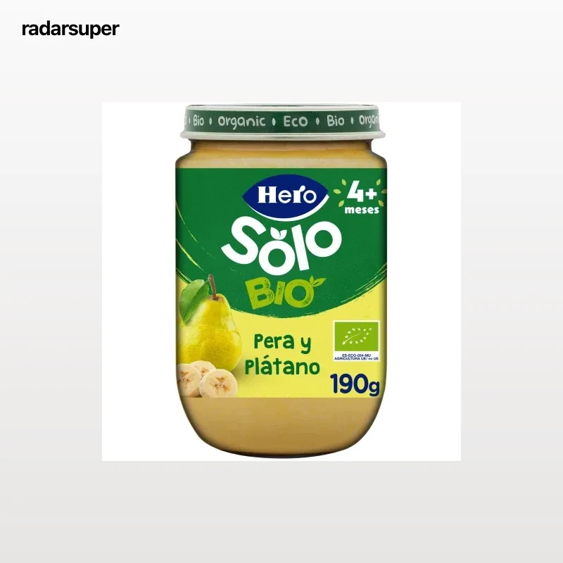 Tarrito de pera y plátano desde 4 meses ecológico Hero Solo sin gluten 190 g.