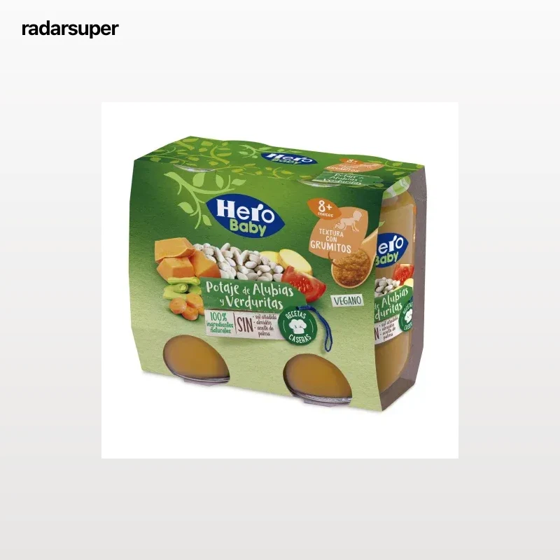Tarrito de potaje de alubias y verduras desde 8 meses Hero Baby sin gluten pack de 2 unidades de 190 g.
