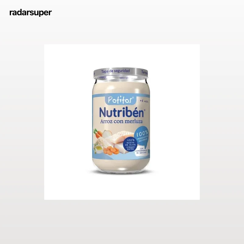 Tarrito de suprema de merluza con arroz desde 6 meses Nutribén Potitos sin gluten 235 g.