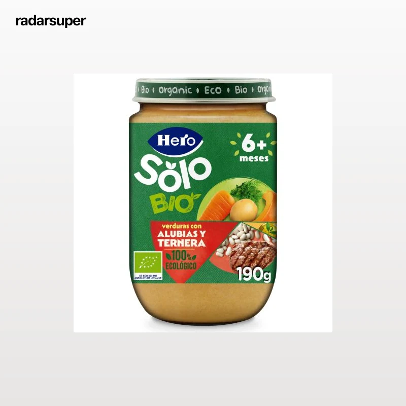 Tarrito de verduras con alubias y ternera desde 6 meses ecológico Hero Solo sin gluten 190 g.