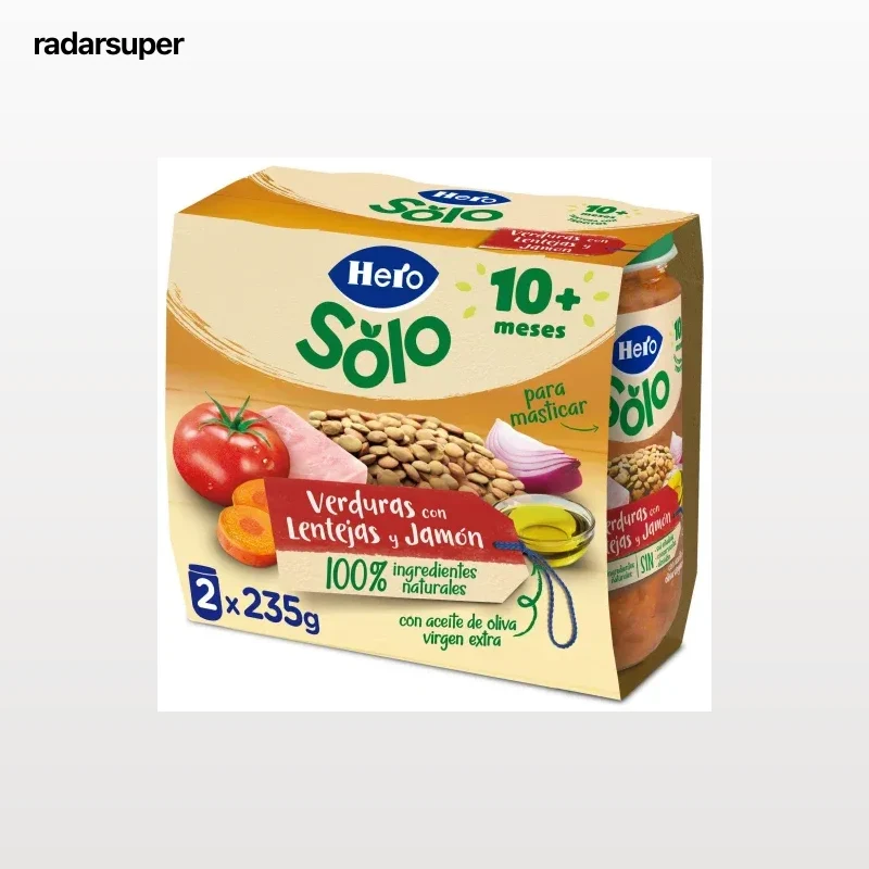 Tarrito de verduras con lentejas y jamón desde 10 meses Hero Baby sin gluten pack de 2 unidades de 235 g.