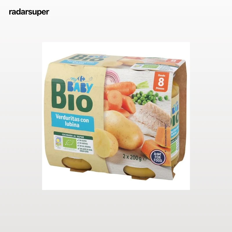 Tarrito de verduras con lubina desde 8 meses ecológico My Carrefour Baby Bio sin gluten pack de 2 unidades de 200 g.