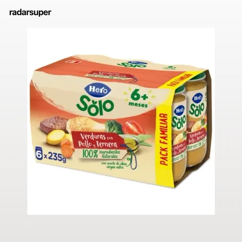 Tarrito de verduras con pollo y ternera desde 6 meses Hero Solo sin gluten pack de 6 unidades de 235 g.
