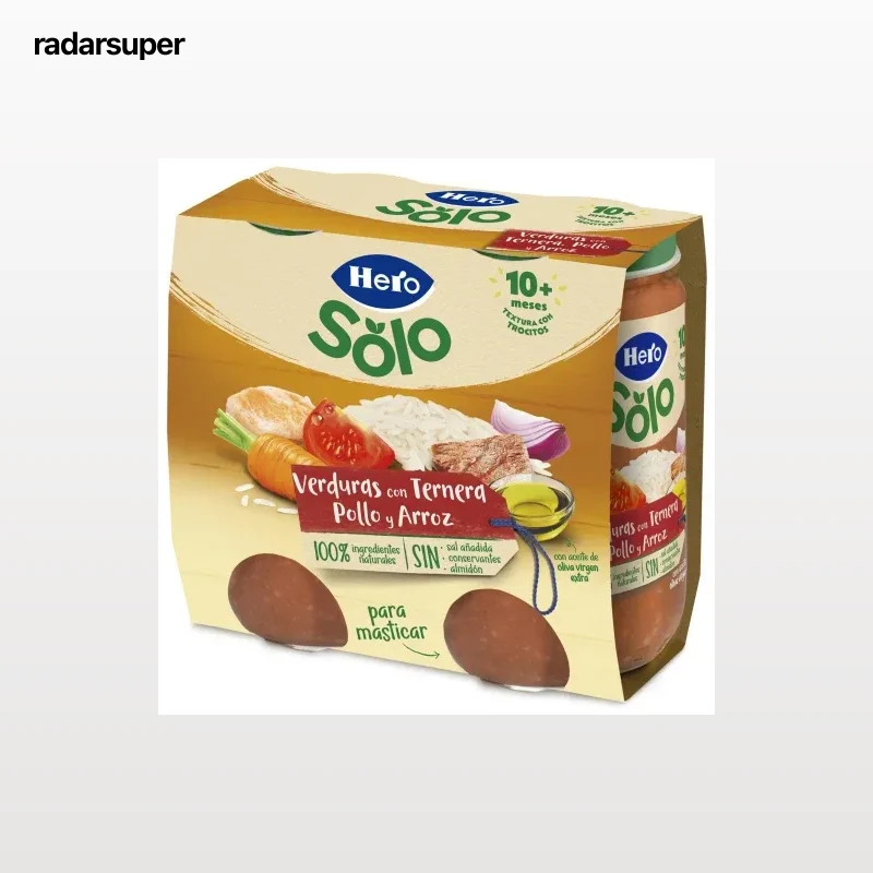 Tarrito de verduras con ternera y arroz desde 10 meses Hero Baby sin gluten pack de 2 unidades de 235 g.