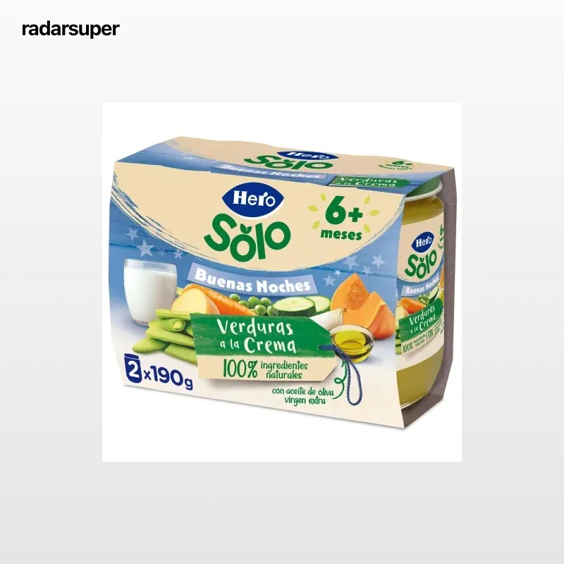 Tarrito de verduritas a la crema desde 6 meses Buenas Noches Hero Solo sin gluten pack de 2 unidades de 190 g.