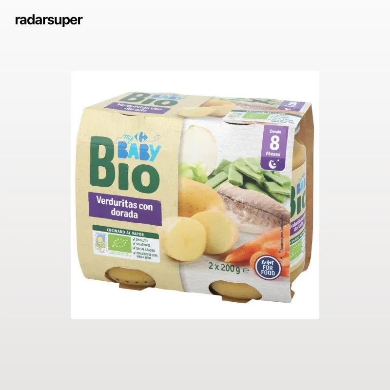 Tarrito de verduritas con dorada desde 8 meses ecológico My Carrefour Baby Bio sin gluten pack de 2 unidades de 200 g.