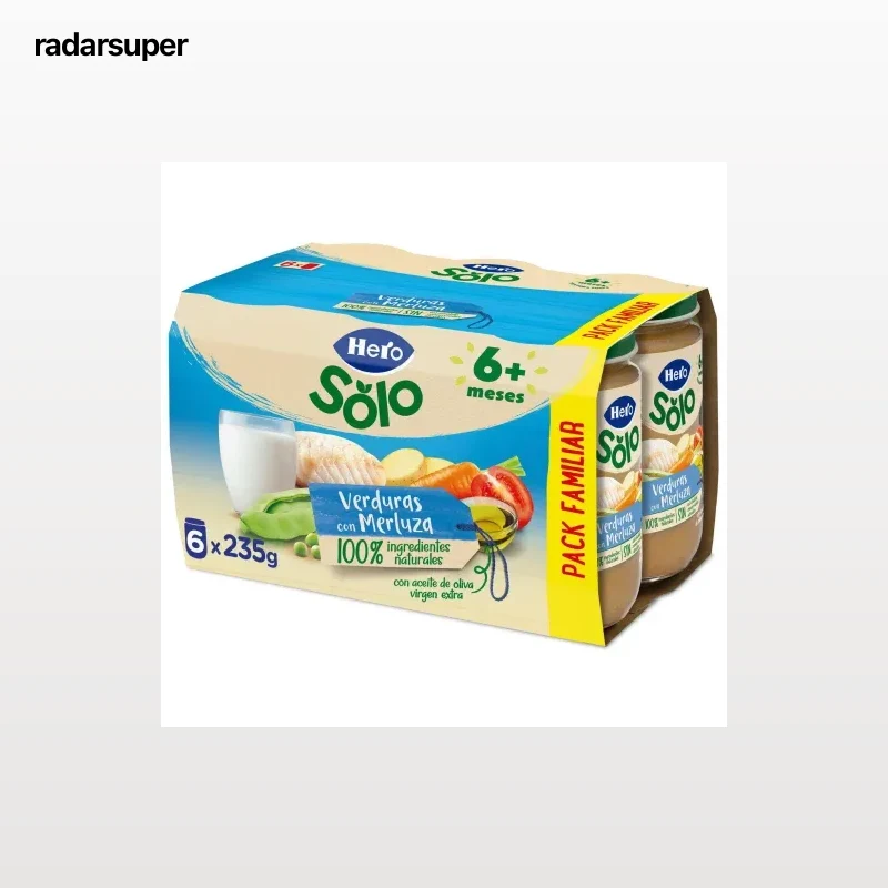 Tarrito de verduritas con merluza desde 6 meses Hero Solo sin gluten pack de 6 unidades de 235 g.