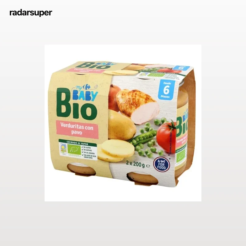 Tarrito de verduritas con pavo desde 6 meses ecológico My Carrefour Baby Bio sin gluten pack de 2 unidades de 200 g
