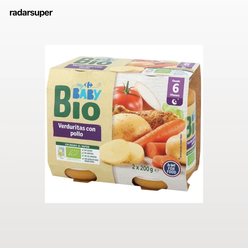 Tarrito de verduritas con pollo desde 6 meses ecológico My Carrefour Baby Bio sin gluten pack de 2 unidades de 200 g